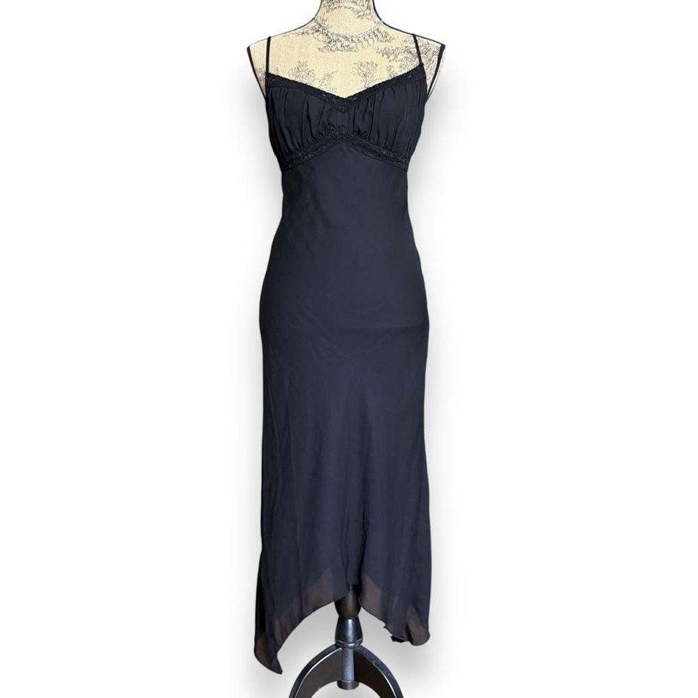 Vintage Black Slip Maxi Dress Lace Trim Size 9